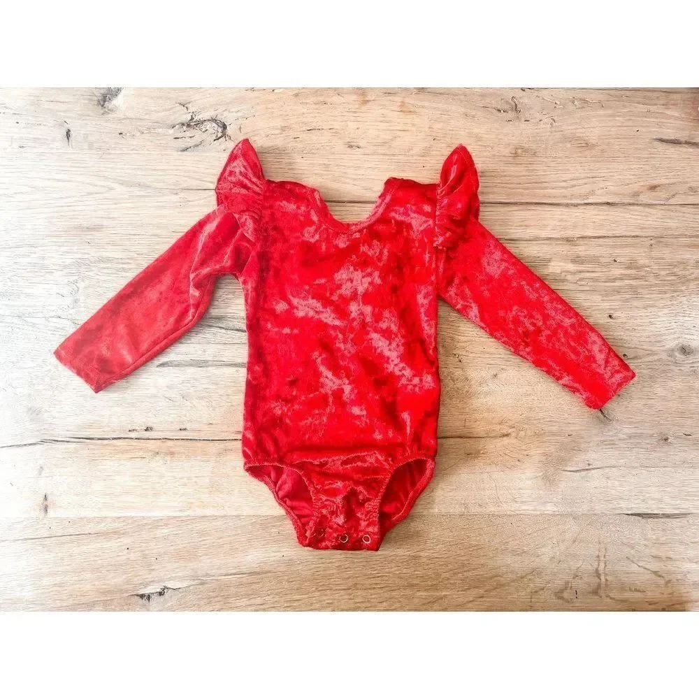 Solid Red Crushed Velvet Long Sleeve Bodysuit with Ruffles, Size 12-18M